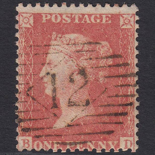 GB QV 1857 1d Pale Red Transitional (Plate 47) SGC9(3) BD VFU London IS 12