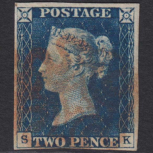 GB QV 1840 2d Steel-blue (Plate 1) SGD1(5) SK VFU 4 Margins Red MX