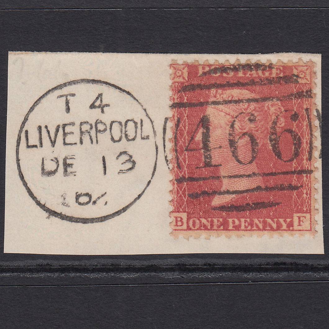 GB QV 1857 1d Rose-red (Plate 59) SG40-C10(1) BF FU Liverpool 466 on Piece