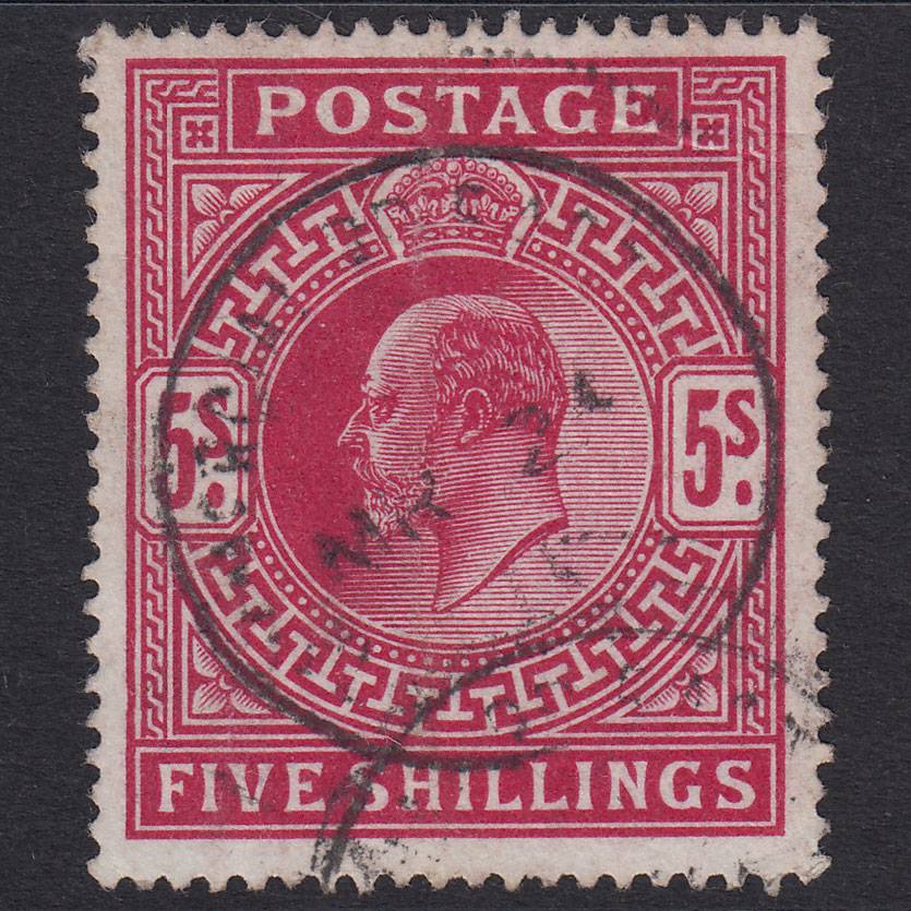 GB KE7 1902 5/- Dp Brt Carmine SG264-M51(2) FU CDS