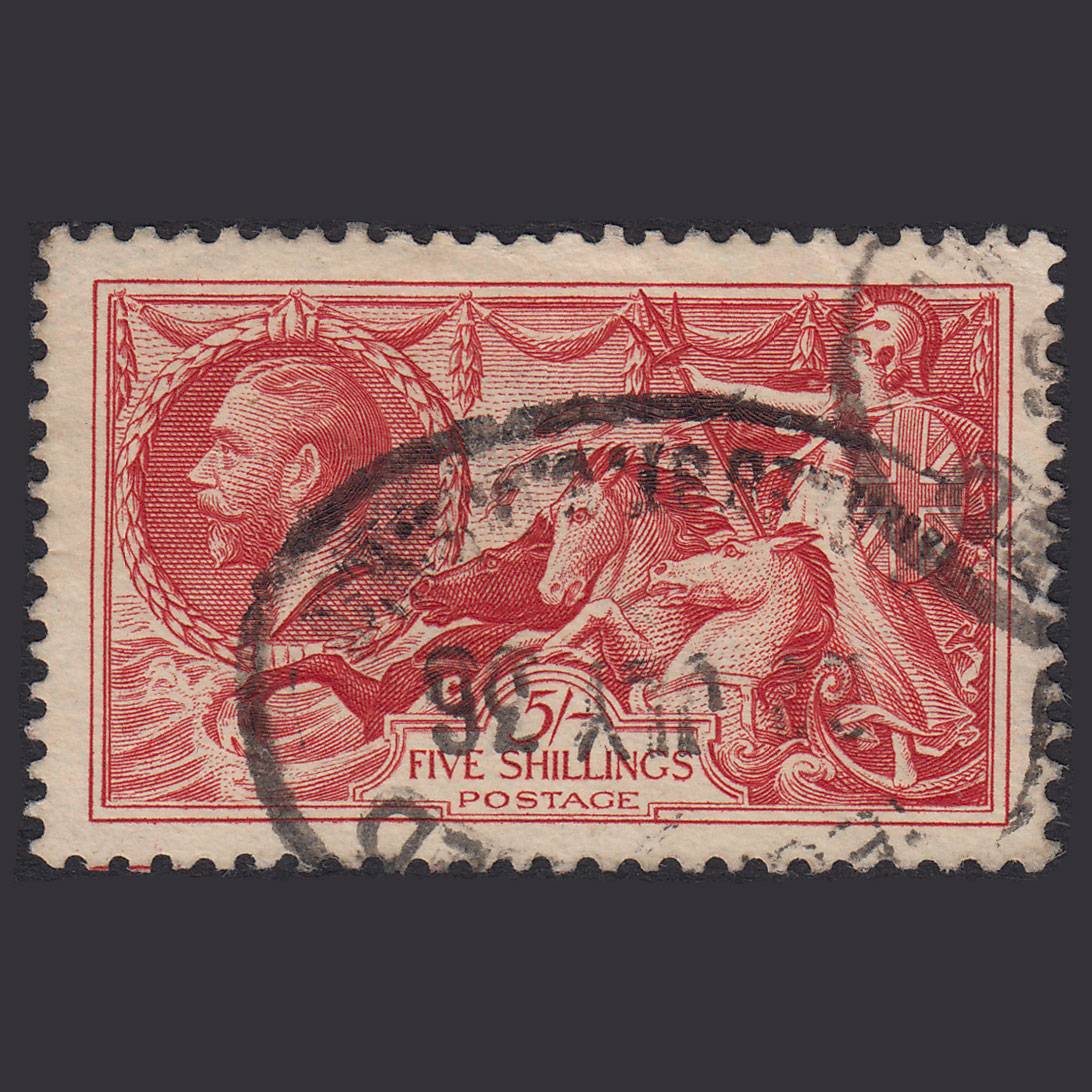 GB KG5 1934 5/- Bright Rose-Red Seahorses SG451-N74 FU Registered Cancel