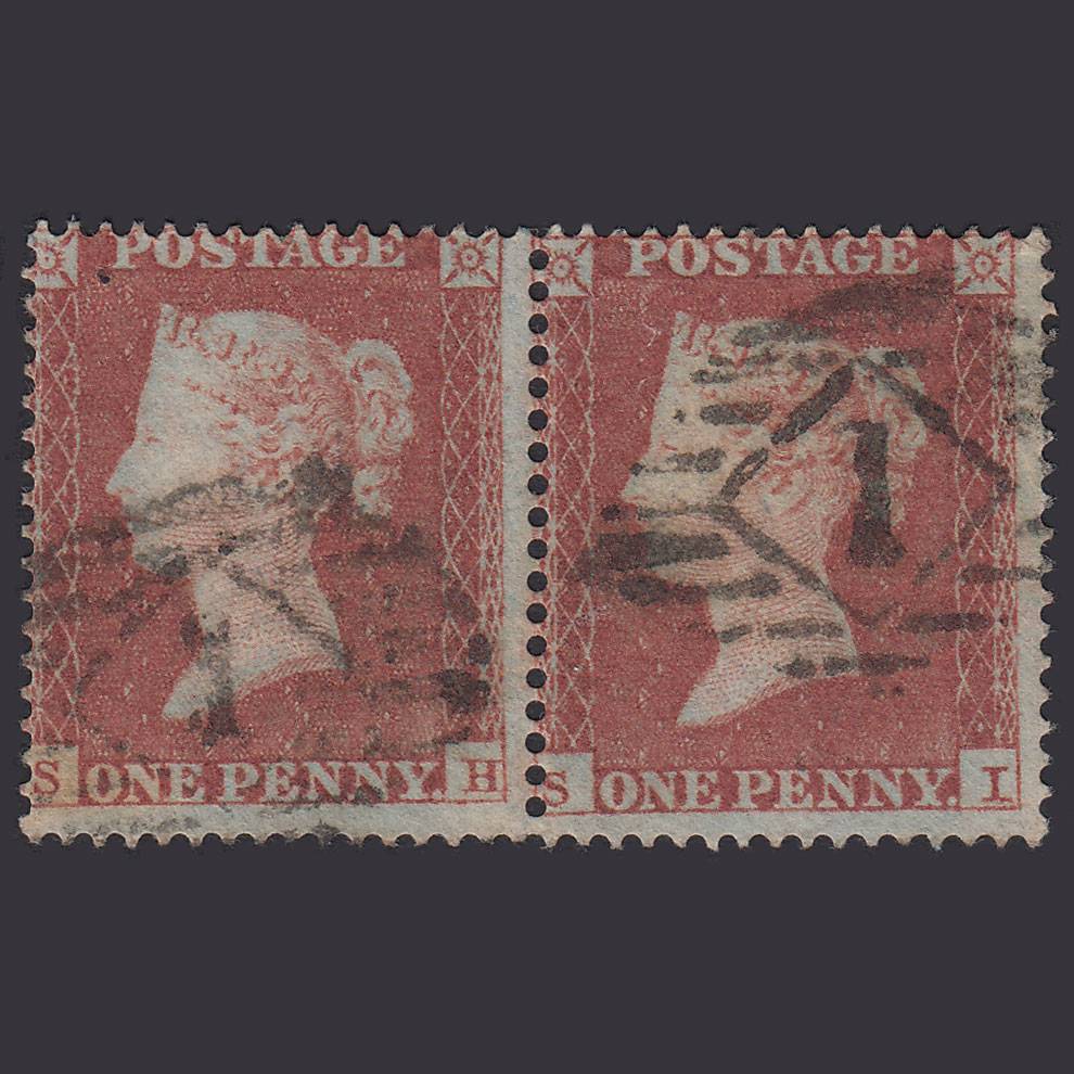 GB QV 1854 1d Red-brown (Plate 165) SG17-C1(1) SH-SI FU Pair London IS 1