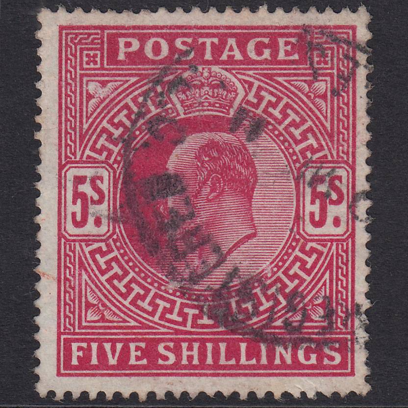 GB KE7 1902 5/- Dp Brt Carmine SG264-M51(2) GU Registered Cancel