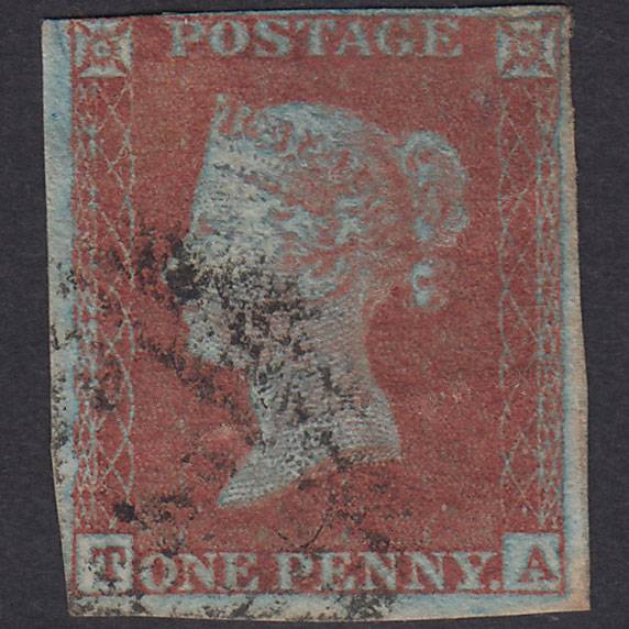 GB QV 1841 1d Very Blued Plate 134 SG8A-B1(2) TA GU Nr 4 Margins