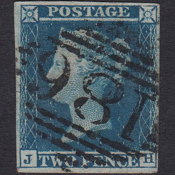 GB QV 1841 2d Blue (Plate 3) SG14-E1(2) JH FU 4 Margins Dublin 186