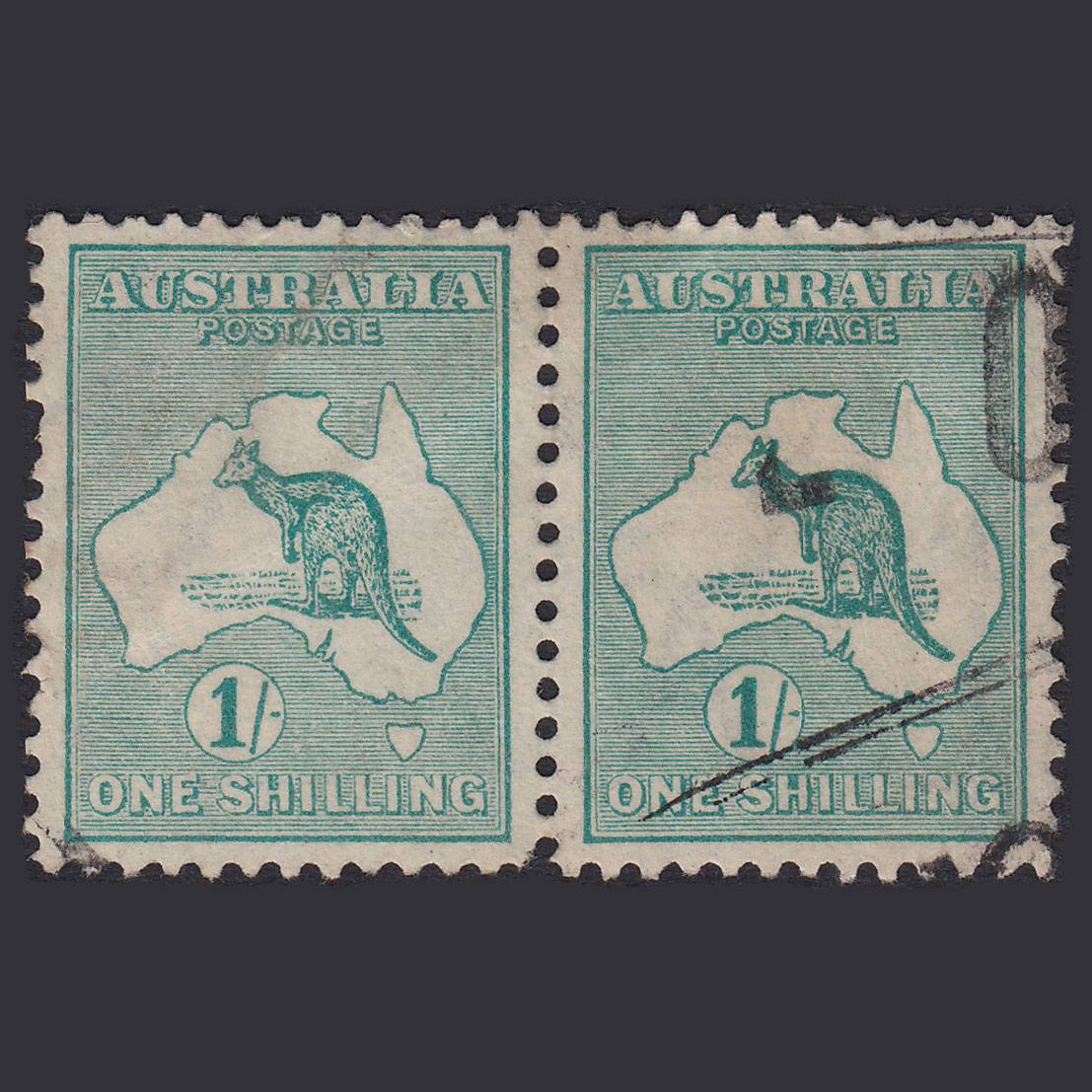 AUSTRALIA 1915 1sh Blue-Green Kangaroo SG28 GU Pair Light Cancel