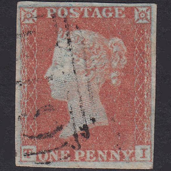 GB QV 1841 1d Red-Brown Plate 156 SG8-B2(1) TI FU 4 Margins Light Cancel
