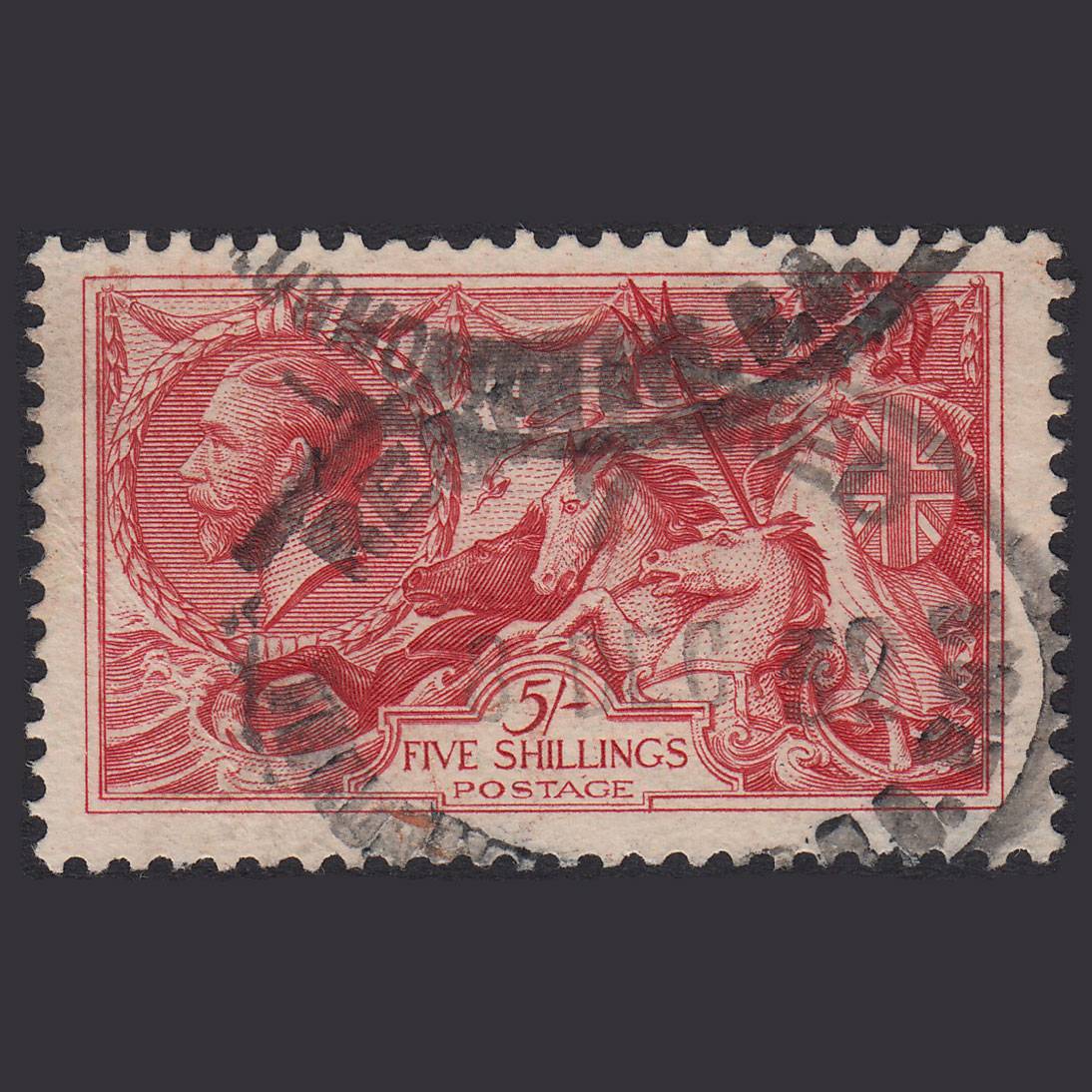 GB KG5 1918 5/- Rose-Red Seahorses SG416-N68(2) FU Registered Cancel