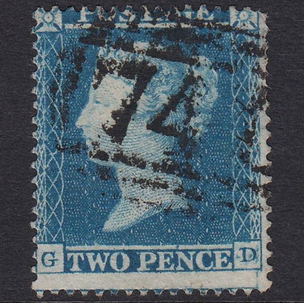 GB QV 1854 2d Deep Blue Plate 4 SG19-F1(1) GD GU Staines 741