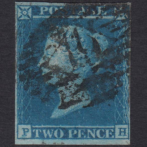 GB QV 1841 2d Blue Plate 3 SG14-E1(2) PH GU 4M London IS Scissor Cut