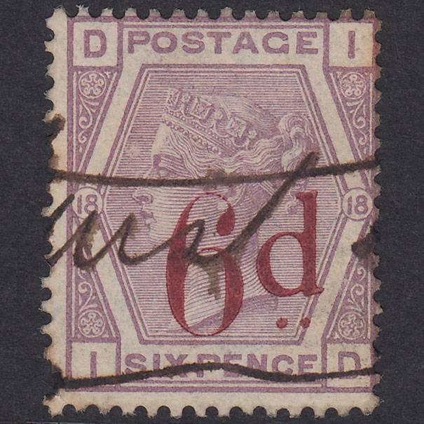 GB QV 1883 6d on 6d Lilac Plate 18 SG162-K8B ID GU Manuscript Cancel