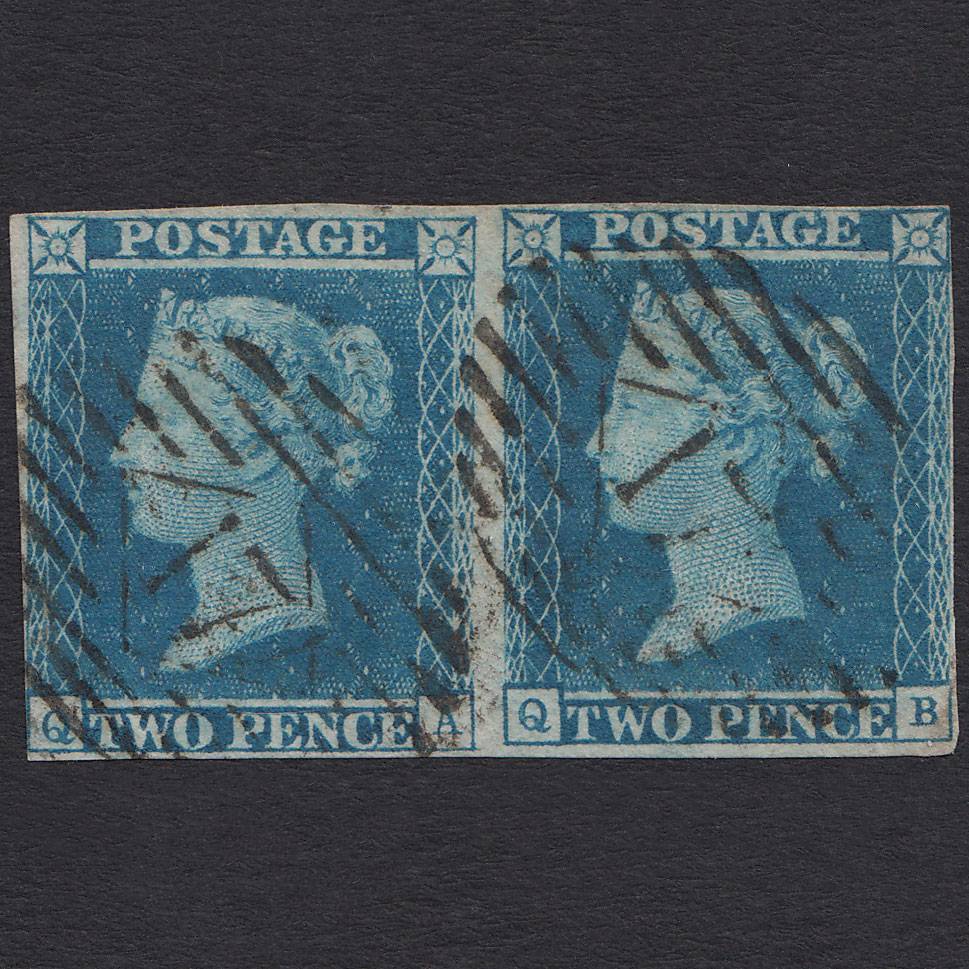 GB QV 1841 2d Blue (Plate 3) SG14-E1(2) QA-QB FU Pair 4M London IS 17