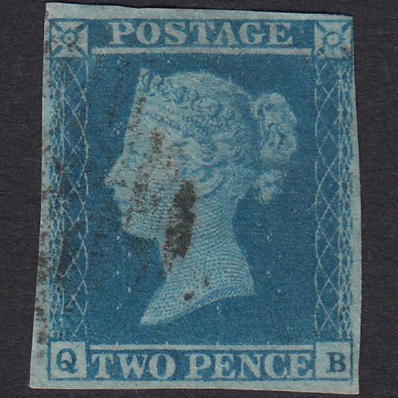 GB QV 1841 2d Blue (Plate 4) SG14-E1(2) QB FU nr 4 Margins Light Cancel