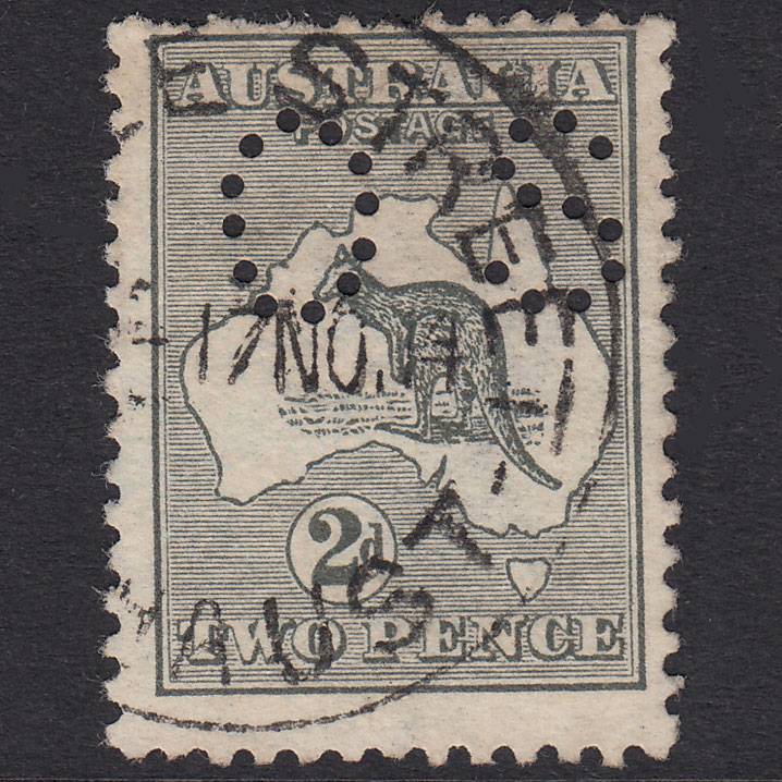 AUSTRALIA 1915 2d Grey Kangaroo SGO43 GU OS Perfin CDS