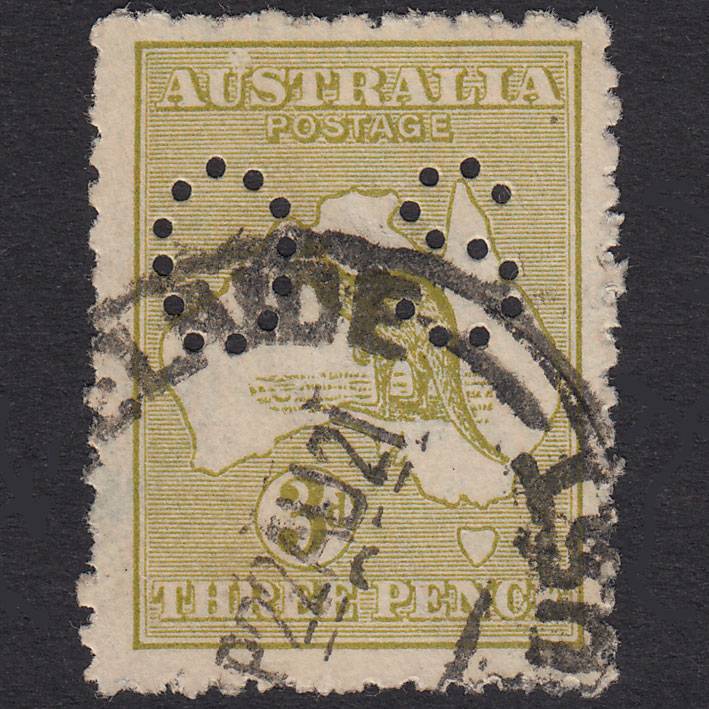 AUSTRALIA 1915 3d Yellow-Olive Kangaroo SGO45 FU OS Perfin CDS