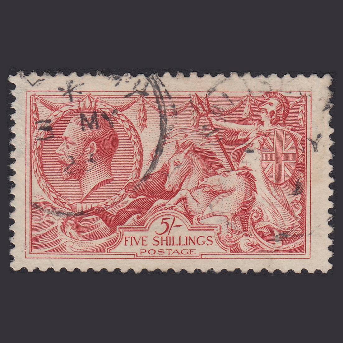 GB KG5 1918 5/- Rose-Red Seahorses SG416-N68(2) FU Light Cancel