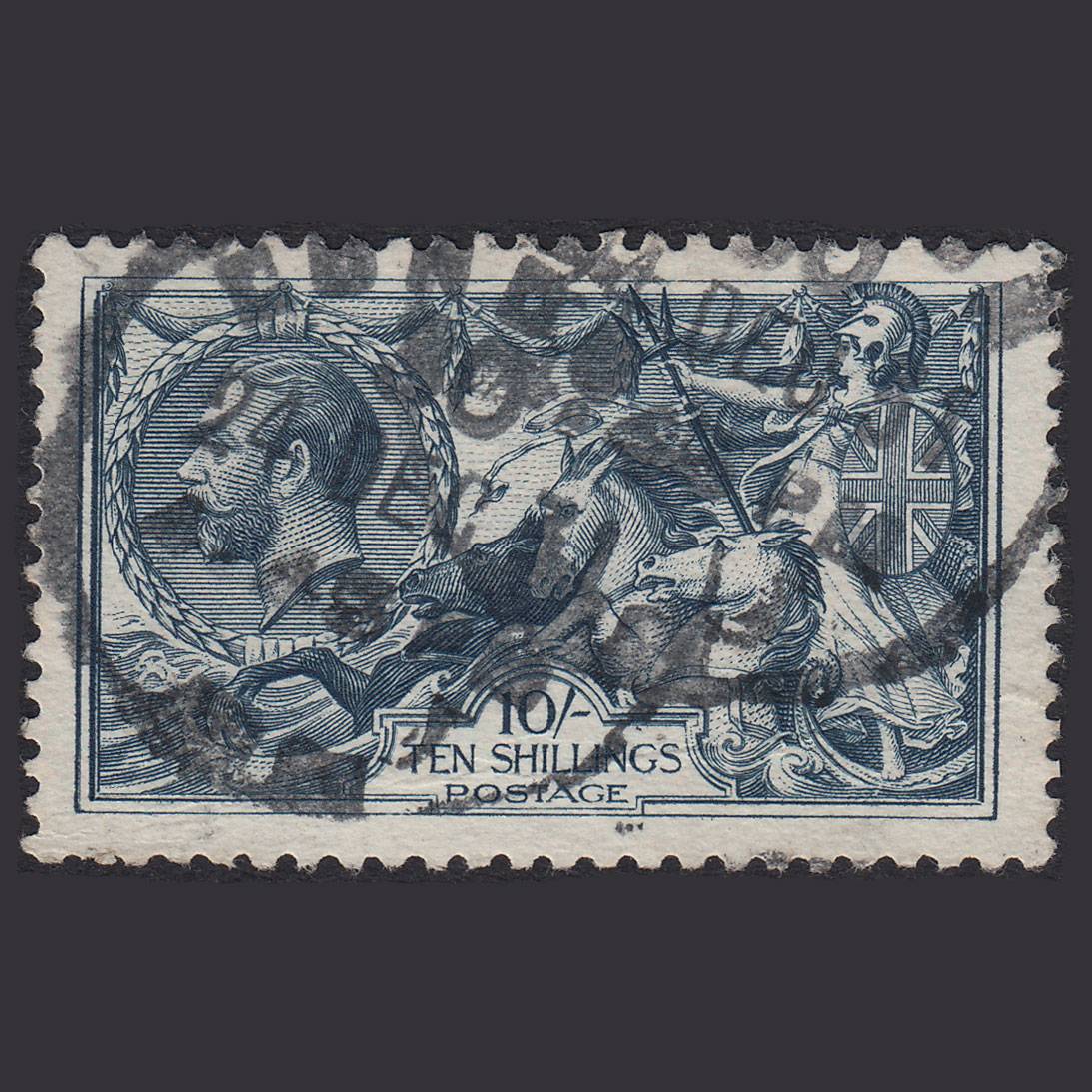 GB KG5 1919 10/- Blackish-Blue Seahorses SGN71(3) GU London CDS