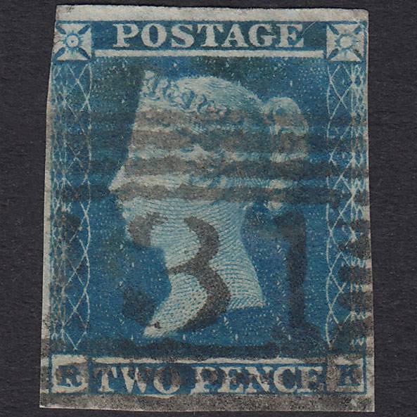 GB QV 1841 2d Blue Plate 4 SG14-E1(2) RK GU 3 Margins Edinburgh 131