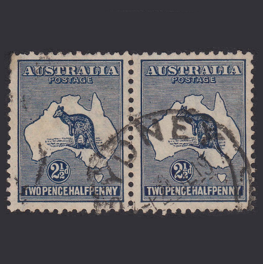 AUSTRALIA 1919 2 1/2d Deep Indigo Kangaroo SG36b FU Pair Sydney CDS