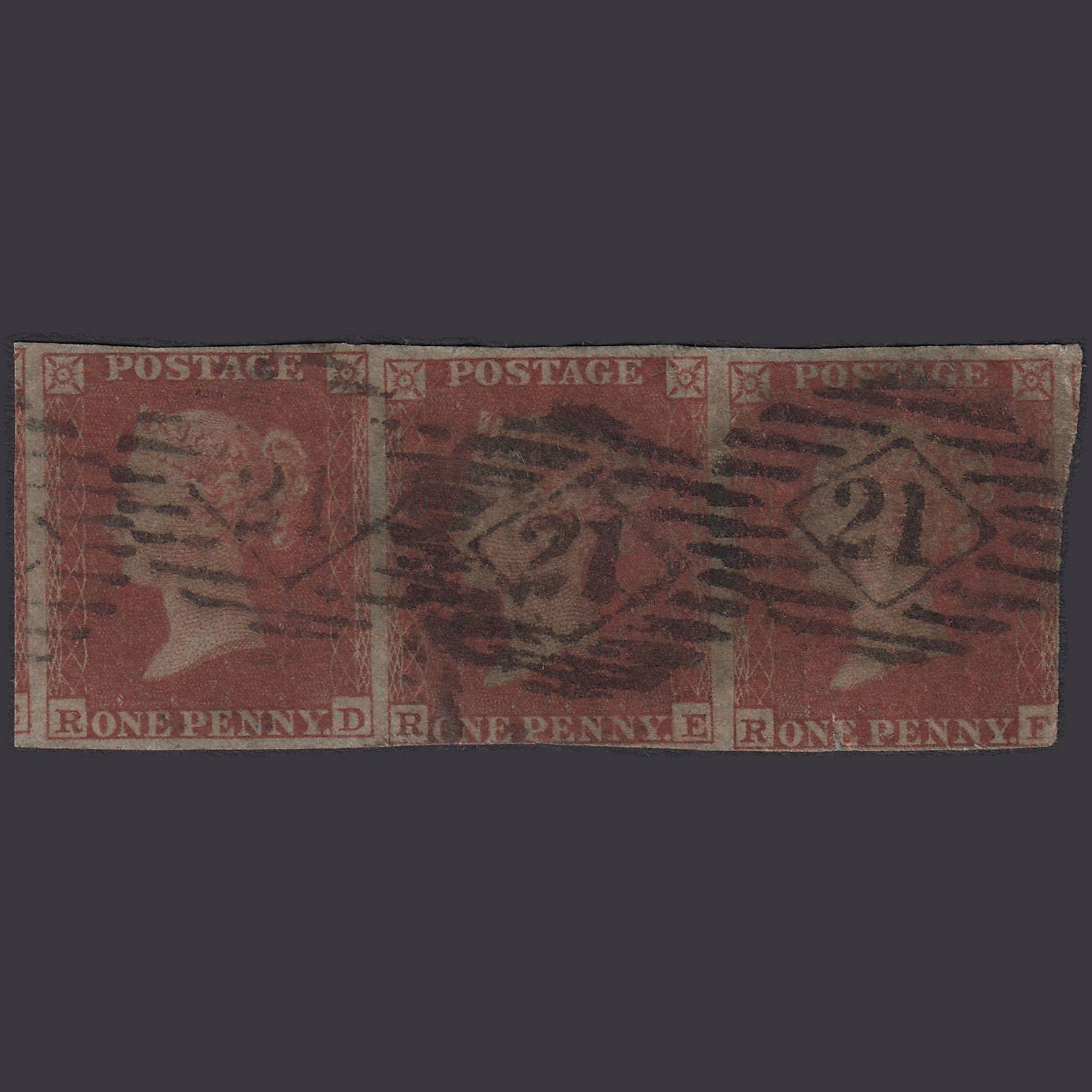 GB QV 1841 1d (Plate 165) SG8-B2(1) RD-RE-RF PU Strip OF 3 nr 4M London Tear