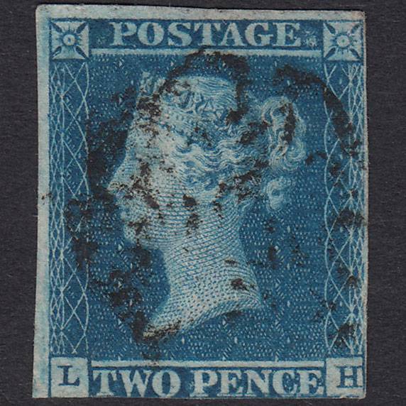 GB QV 1841 2d Blue Plate 3 SG14-E1(2) Guideline LH FU Nr 4 Margins MX