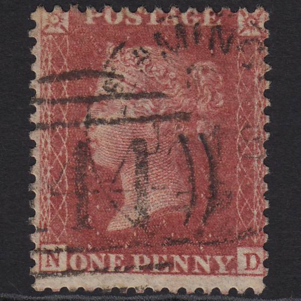 GB QV 1857 1d Rose-red (Plate 52) SG40-C10(1) ND GU Leamington 444 Misperf