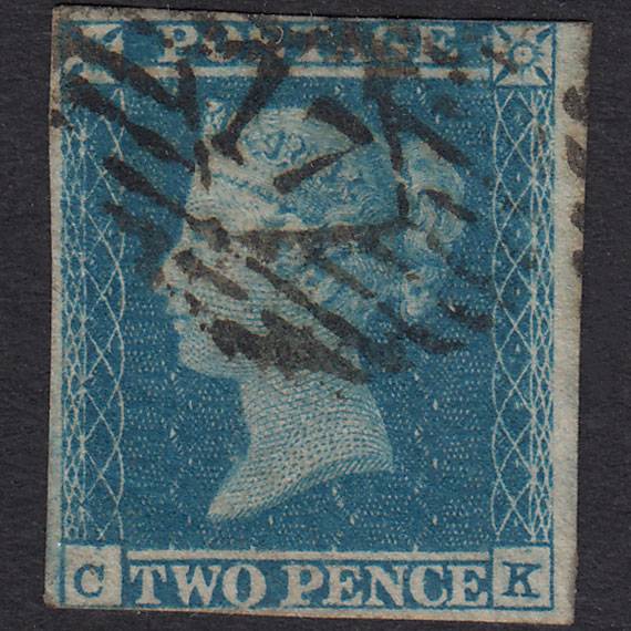 GB QV 1841 2d Blue Plate 4 SG14-E1(2) CK FU Nr 4 Margins London IS 17