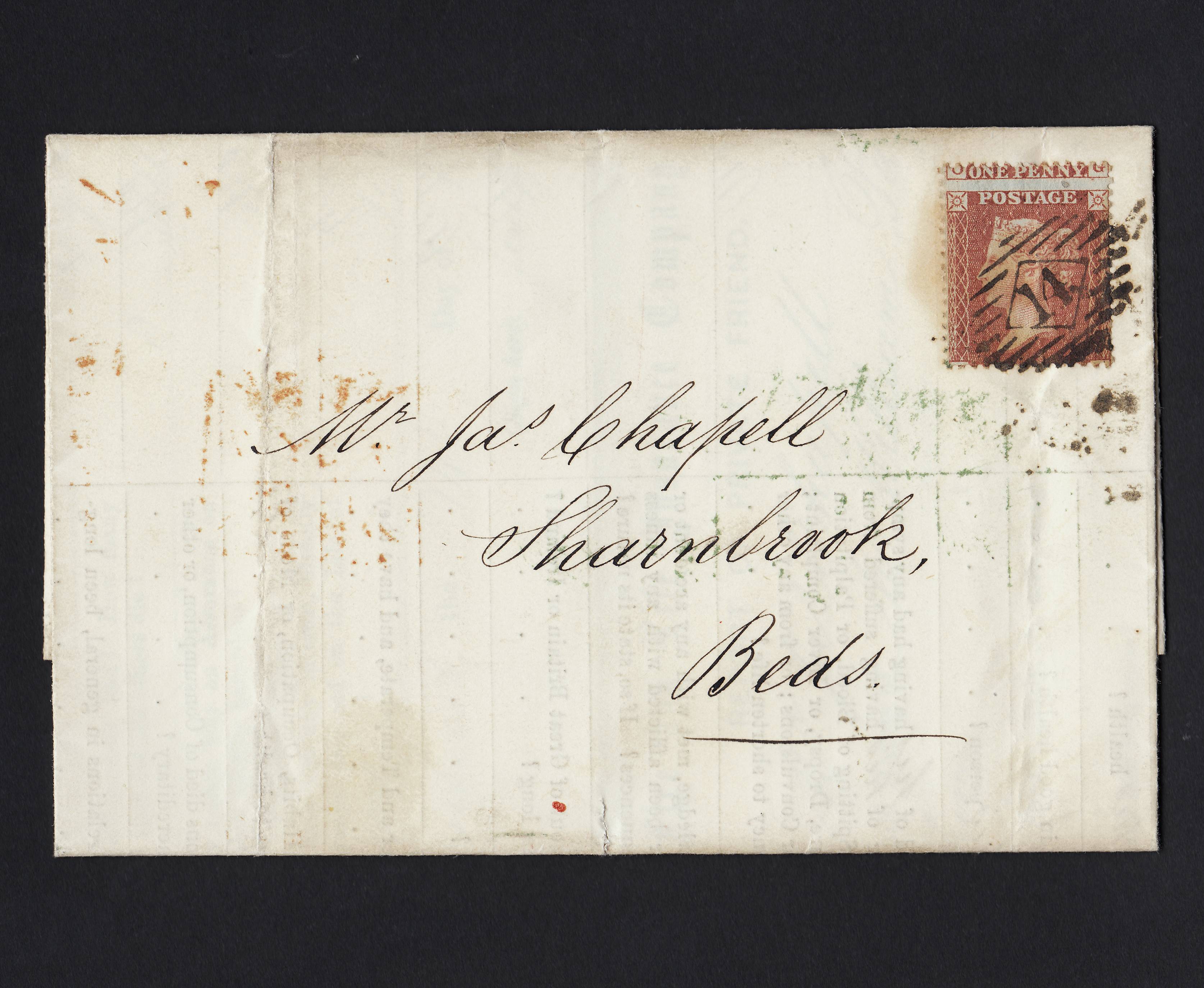 GB QV 1855 1d Red-brown (Plate 6) SG24-C3(1) PG GU Entire London to Sharnbrook