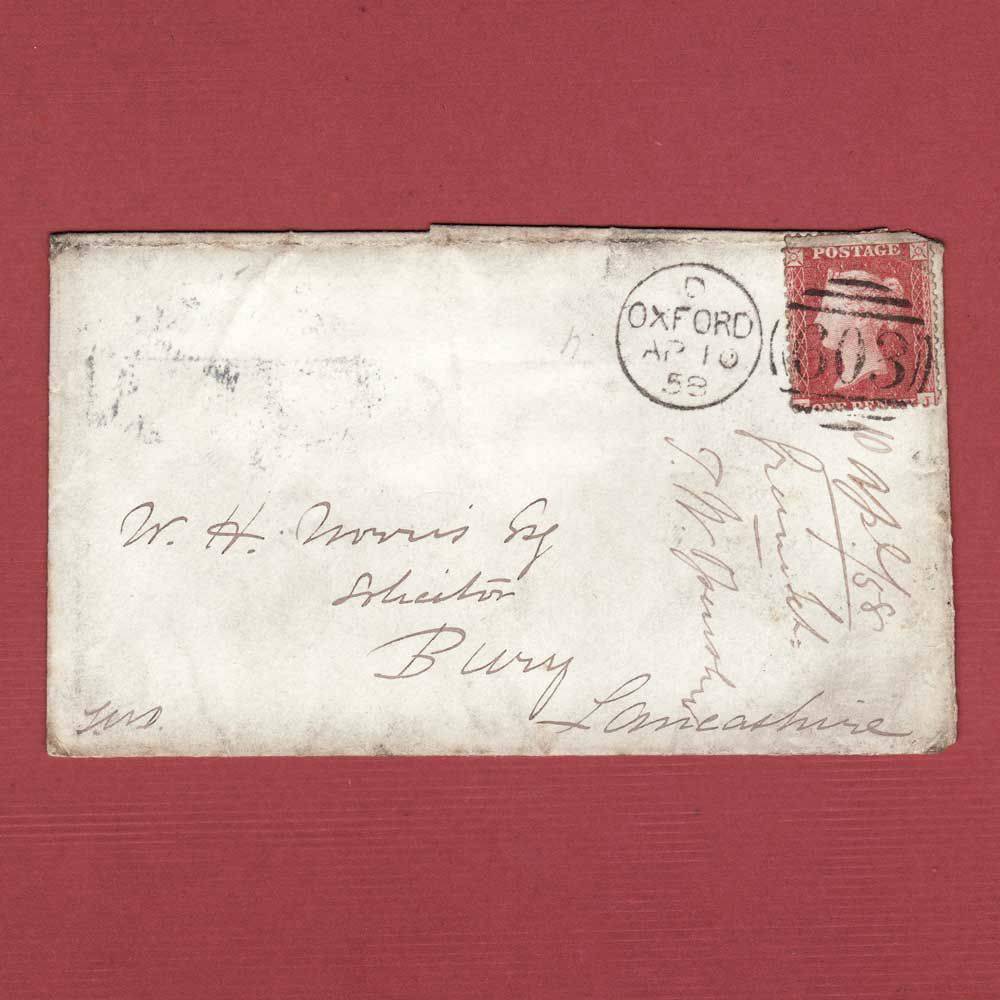 GB QV 1858 1d Rose-red (Plate 45) (SG40) KJ PU on Cover, Oxford to Bury