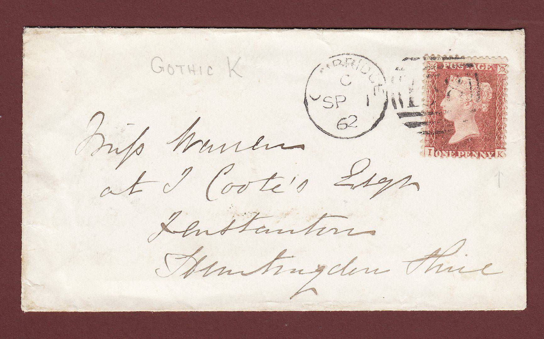 GB QV 1862 1d Rose-red SG40 C10 (Plate 27) IK FU Cambridge to Huntingdon