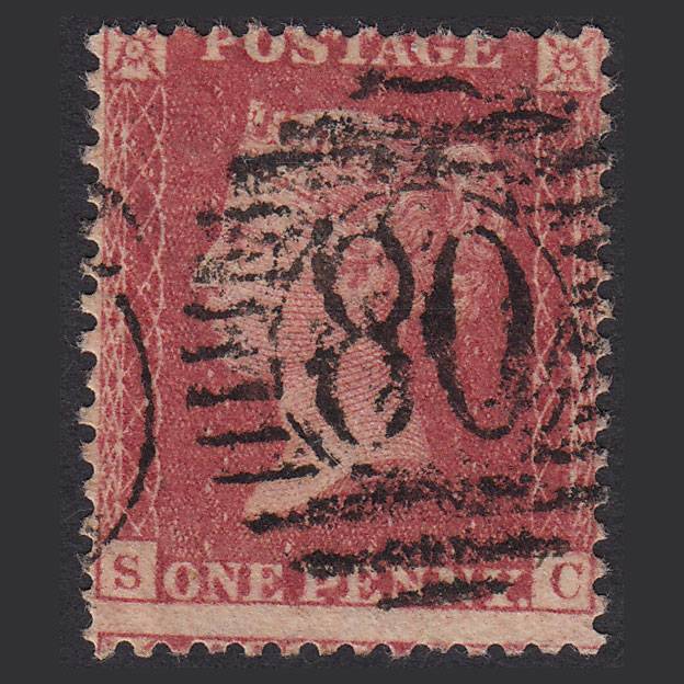 GB QV 1857 1d Rose-red (Plate 55) SG40-C10(1) SC GU London IS 80 Misperf