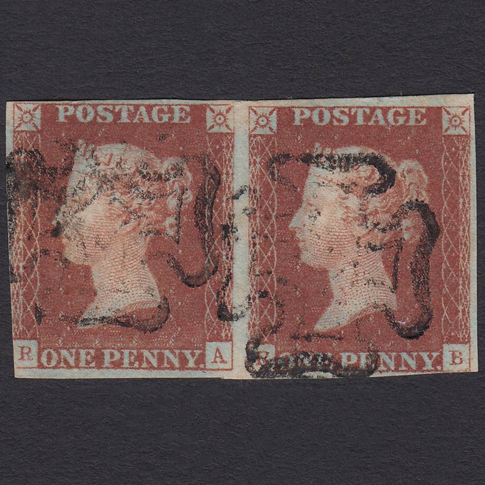GB QV 1841 1d Red-brown Penny Black Plate 1b SG7-A2 RA-RB FU Pair MX