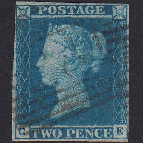GB QV 1841 2d Blue Plate 3 SG14-E1(2) CE FU 4 Margins Scotland