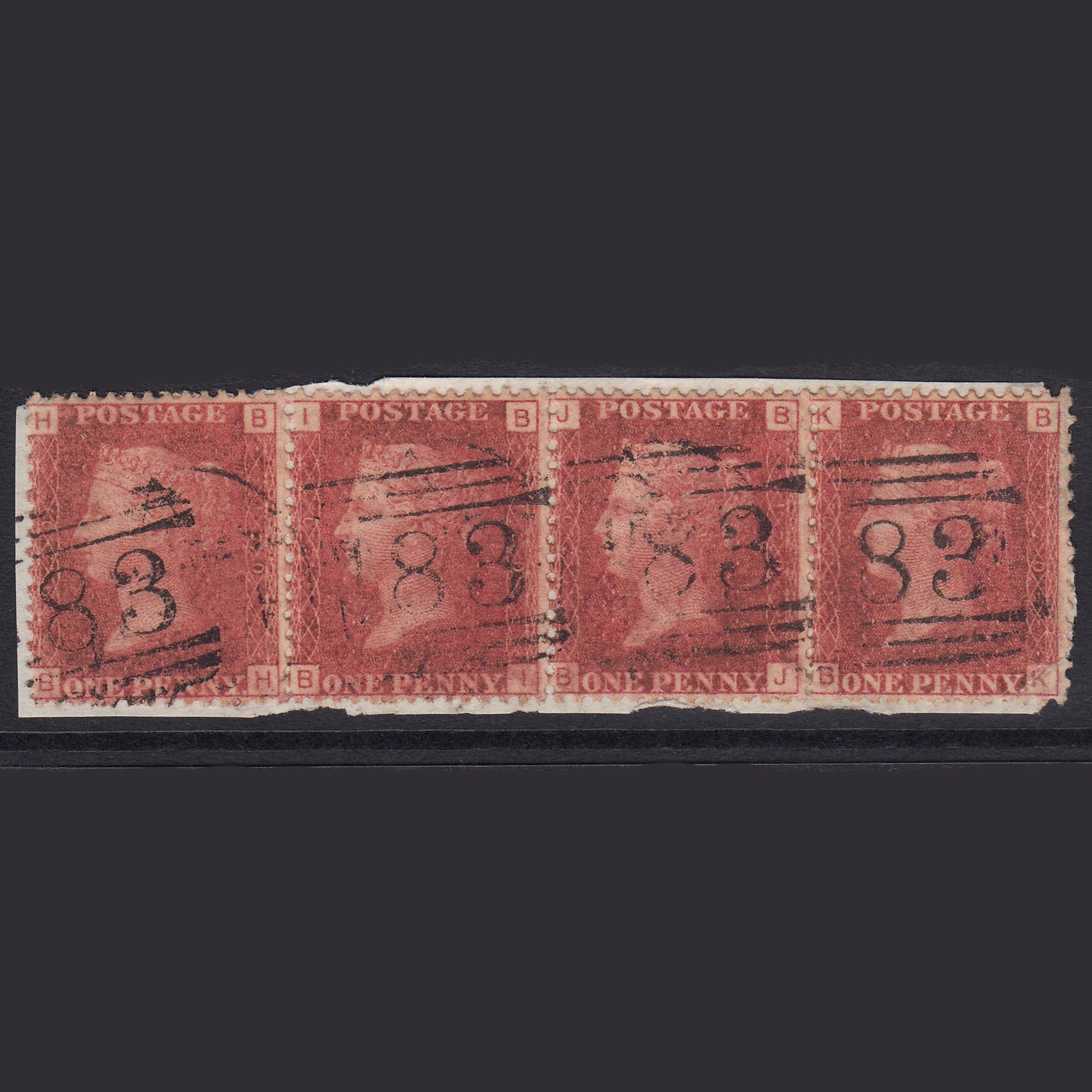 GB QV 1864 1d Pl 120 SG44-G1(2) BH-BI-BJ-BK FU Strip Of 4 On Hull Piece
